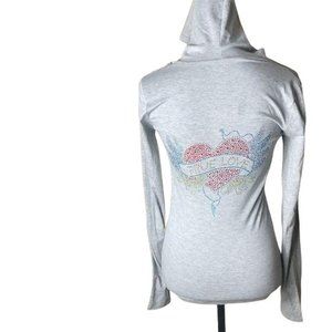 Vintage Love Rhinestone Cotton Pullover Hoodie Medium Womens Casual Gray Heart